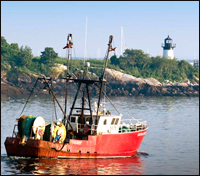 New England fishing boat and lighthouse
