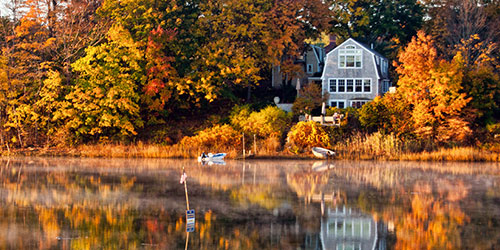 Fall Foliage in New England - Maine Shoreline & House