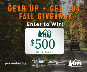 Explore New England's Gear up & Get OUT Fall Giveaway! Win a $500 REI Coop Outfitters Gift Card and 2 Nights at the Notchland Inn! Click here for entry details.