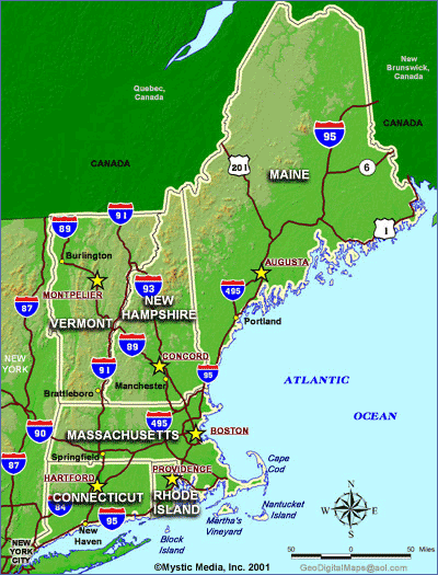 State Maps of New England - Maps for MA, NH, VT, ME CT, RI